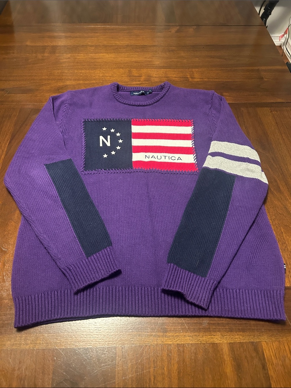 Nautica Purple Crewneck Sweater with Flag Patch and Navy Accents